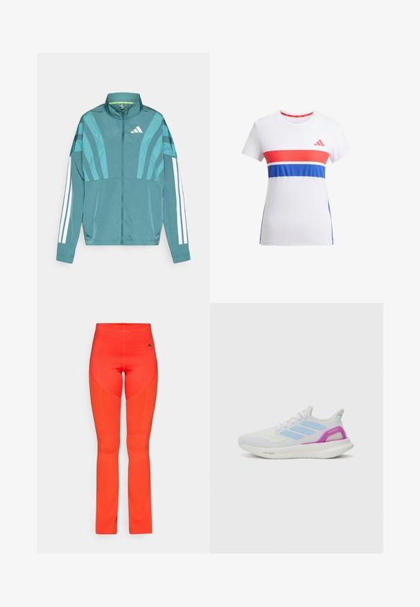 Teal športna jakna z zadrgo spredaj, visokim ovratnikom, tremi belimi črtami na rokavih in plastnim oblikovanjem. Lahkotna tkanina.; Bela športna majica s kratkimi rokavi, okroglo izrezana, z rdečimi in modrimi vodoravnimi črtami ter logotipom na prsih.; Svetlo oranžne legginge z oblikovano zasnovo, rebrastimi detajli ob straneh in logotipom blizu pasu. Gladka tekstura po celotni dolžini.; adidas Performance PUREBOOST 5 - Tekaški copati za cesto - white/glow blue/purple burst
