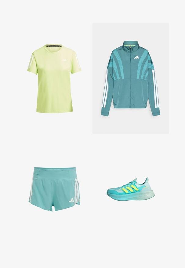 Tirkizna atletska jakna s prednjim patentnim zatvaračem, visokim ovratnikom, tri bijele pruge na rukavima i složenim dizajnerskim detaljima. Lagani materijal.; Svijetlozelena atletska majica od prozračnog materijala. Ima bijele pruge na rukavima i crnu oznaku "TRČANJE" na izrezu.; Svijetloplave atletske kratke hlače s teksturiranom tkaninom, bijelim bočnim trakama i džepom u pojasu za pohranu. Pogodne za sportske aktivnosti.; Svijetloplava atletska cipela s teksturiranim gornjim dijelom, tri žute pruge, podstavljenim ovratnikom i debeo, komfortan potplat.