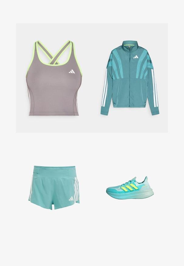 Teal športna jakna z zadrgo spredaj, visokim ovratnikom, tremi belimi črtami na rokavih in plastnim oblikovanjem. Lahkotna tkanina.; Siv športni top z križnimi limetno zelenimi naramnicami, ki vsebuje beli Adidas logotip in eleganten, oprijet dizajn. Gladka tekstura.; Svetlo modri atletski kratki hlače, ki imajo strukturno tkanino, bele stranske črte in žep na pasu za shranjevanje. Primerni za športne aktivnosti.; Svijetlo plava atletska cipela s teksturiranim gornjim dijelom, tri žute pruge, podstavljeni okovratnik i debeli, jastučićasti potplat.