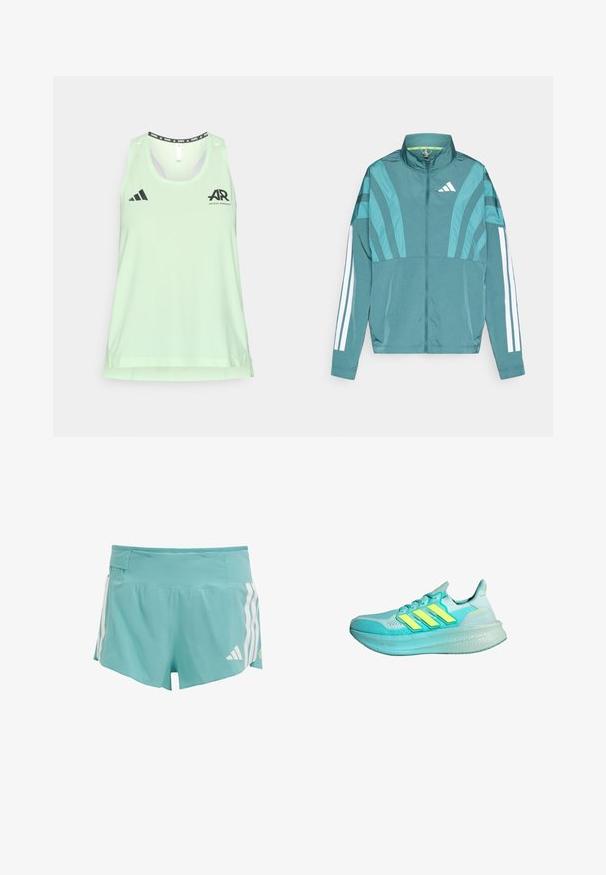 Teal treningsjakke med glidelås i front, høy krage, tre hvite striper på ermene og lagdelt design. Lettvektig stoff.; Lys grønn ermeløs trenings tank top laget av pustende stoff, med svart adidas-logo og løpegrafikk ved halsen og brystet.; Lys blå treningsshorts med teksturert stoff, hvite sidestrekker og en midje-lomme for oppbevaring. Egnet for sportsaktiviteter.; Lys blå treningsko med teksturert overdel, tre gule striper, polstret krage og en tykk, dempet såle.