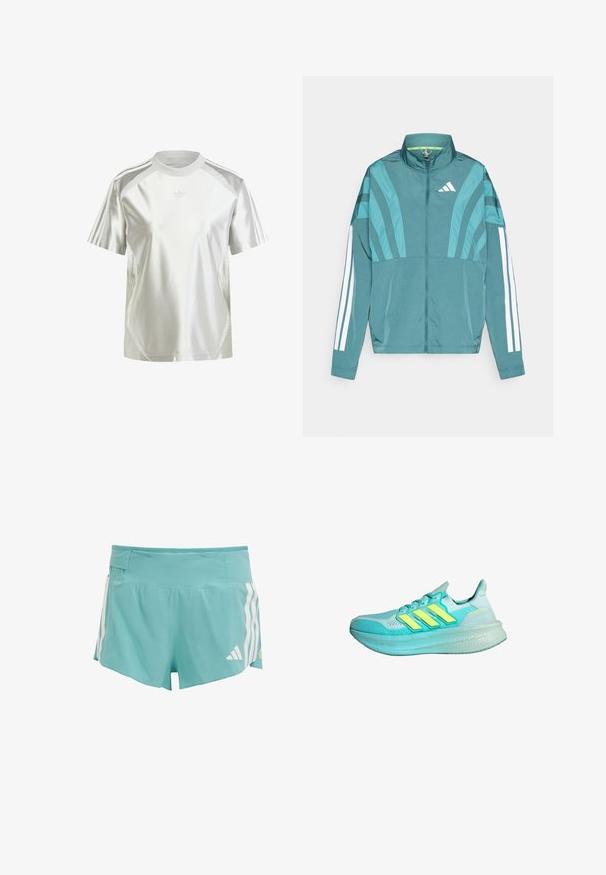 Tirkīza sporta jaka ar rāvējslēdzēju priekšpusē, augstu apkakli, trim baltām svītrām uz piedurknēm un slāņotu dizainu. Viegls audums.; Balts sporta T-krekls, izgatavots no spīdīga materiāla. Tam ir īsas piedurknes, apaļa apkakle un sānu paneļi. Uz pleciem ir trīs svītras.; Gaiši zili sporta šorti ar teksturētu audumu, baltām sānu svītrām un jostu kabatu glabāšanai. Piemēroti sporta aktivitātēm.; Gaiši zils sporta apavu modelis ar teksturētu augšdaļu, trim dzeltenām svītrām, mīkstu apakšmalu un biezu, mīkstinātu zoli.