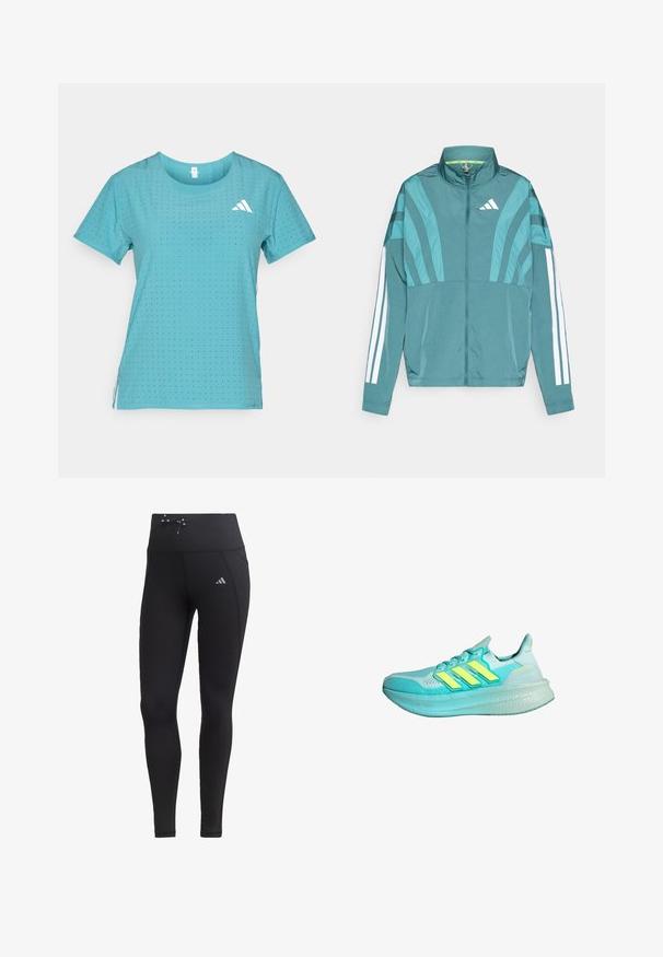 Turkusowa kurtka sportowa z zamkiem z przodu, wysokim kołnierzem, trzema białymi paskami na rękawach oraz warstwowymi detalami. Lekki materiał.; Turkusowa koszulka sportowa z krótkim rękawem, z perforowaną teksturą i białym logo marki po lewej stronie u góry.; Czarne legginsy z wysokim pasem, detalem z troczkiem i bocznymi kieszeniami. Wykonane z gładkiego materiału z refleksującym akcentem w postaci logo.; Jasnoniebieski but sportowy z teksturowaną cholewką, trzema żółtymi paskami, wyściełanym kołnierzem i grubą, amortyzującą podeszwą.