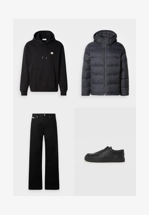 Črn napihnjen plašč s poševnim zadrgo in kapuco. Ima šivane panele za izolacijo in majhen logo na prsih. Gladka tekstura.; Črna kapuca s kenguru žepom, nastavljivim vrvico za kapuco in majhnim logotipom na prsih. Narejena iz mehkega, teksturiranega materiala.; Črne jeans hlače širokega kroja, z petimi žepi in kovinskimi gumbi. Gladka tekstura, brez vidnih vzorcev.; Črne usnjene natikače s zaobljenim prstom, šivanim detajlima in črnim gumijastim podplatom. Gladka tekstura z minimalističnim dizajnom.