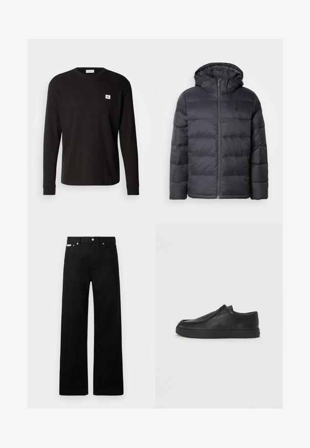 Čierna páperová bunda so zipsom vpredu a kapucňou. Obsahuje prešité panely na izoláciu a malé logo na hrudi. Hladký povrch.; Čierna dlhá rukávová rebrovaná košeľa s okrúhlym výstrihom. Obsahuje malú, obdĺžnikovú nášivku s logom na ľavej hrudi. Bavlnený materiál.; Čierne džínsy s širokými nohavicami, obsahujúce päť vreciek a kovové zapínanie. Hladká textúra, bez viditeľných vzorov.; Čierna kožená slip-on obuv s okrúhlou špičkou, prešívaním a čiernou gumovou podrážkou. Hladký povrch s minimalistickým dizajnom.