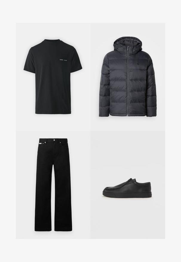 Crna puffer jakna s patentnim zatvaračem sprijeda i kapuljačom. Ima šivane panele za izolaciju i mali logo na prsima. Glatka tekstura.; Crna pamučna majica s klasičnim okruglim izrezom, kratkim rukavima i s dva mala bijela logotipa "SAMSØE" na lijevoj strani prsnog koša.; Crne traperice širokog kroja, s pet džepova i metalnim dugmadi. Glatka tekstura, bez vidljivih uzoraka.; Crne kožne cipele bez vezivanja s okruglim vrhom, šivanim detaljima i crnom gumenom potplatom. Glatka tekstura s minimalističkim dizajnom.