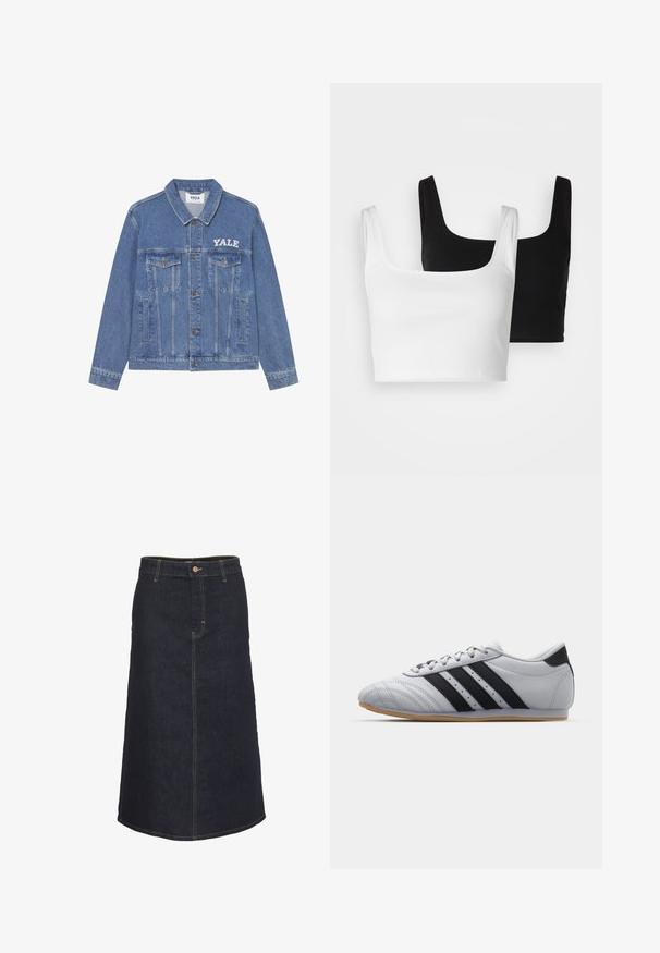 Lysblå denimjakke med krave, lange ærmer, to brystlommer og et hvidt Yale-logo på venstre side.; Even&Odd 2 PACK - Top - black/white; Mørk denim midi-nederdel med en lige silhuet, der har en frontknaplukning og kontrasterende gul syninger.; Grå atletik sko med en glat læderfinish, der har tre sorte striber, en rund tå og en sål af gummi.