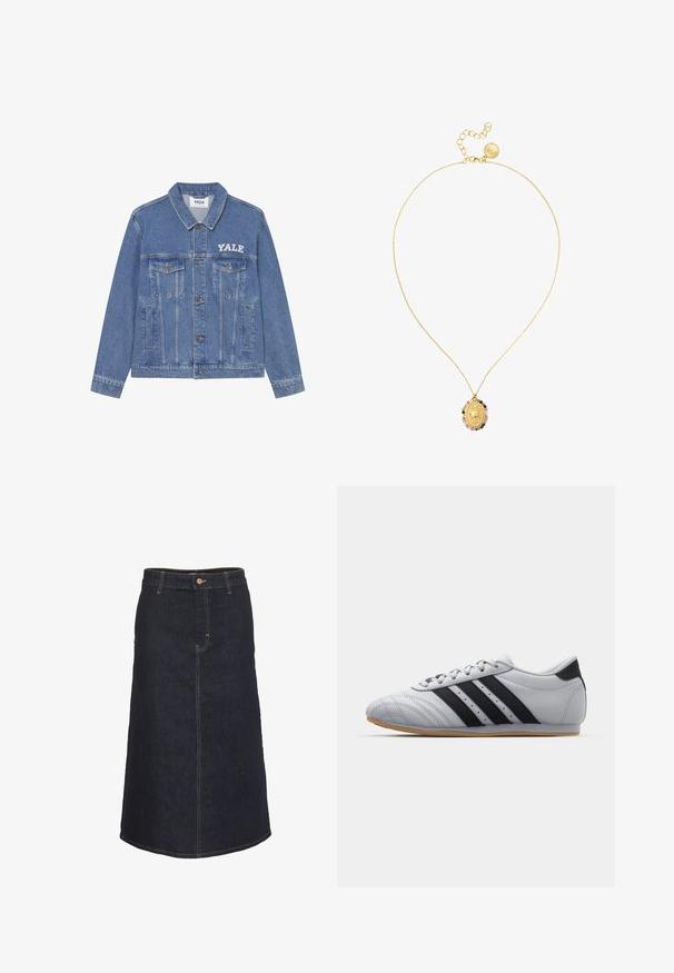 Jeansjacke in Hellblau mit Kragen, langen Ärmeln, zwei Brusttaschen und einem weißen Yale-Logo auf der linken Seite.; Even&Odd 2 PACK - Top - black/white; Dunkelblaues Jeans-Midikleid mit gerader Silhouette, ausgestattet mit einer vorderen Knopfleiste und kontrastierendem gelbem Nähen.; Graue Sportschuhe mit einer glatten Lederoberfläche, ausgestattet mit drei schwarzen Streifen, einer abgerundeten Zehenpartie und einer Sohle aus Gummi.; Singularu Medallion Stones Sun - Halskette - gold coloured