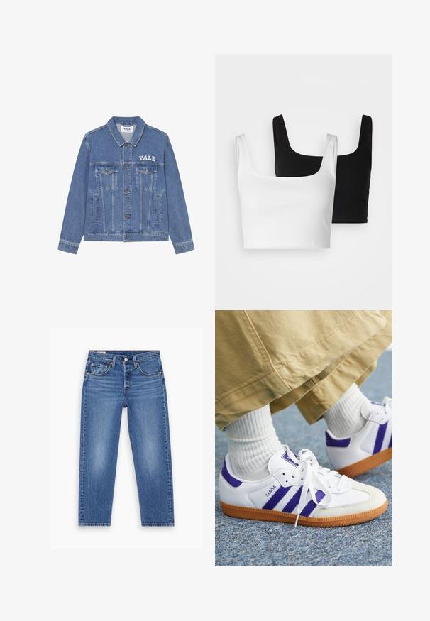 Lys blå denimjakke med krage, lange ermer, to brystlommer og et hvitt Yale-logo på venstre side.; Even&Odd 2 PACK - Topper - black/white; Blå høytlivsbukser med rett ben, med frontknapp, glidelås og fem-lomme-design, vist flatt på en hvit bakgrunn.; Hvit sneaker med lilla striper og detaljer, med en teksturert gummisåle og snøring, brukt med hvite ribbede sokker.
