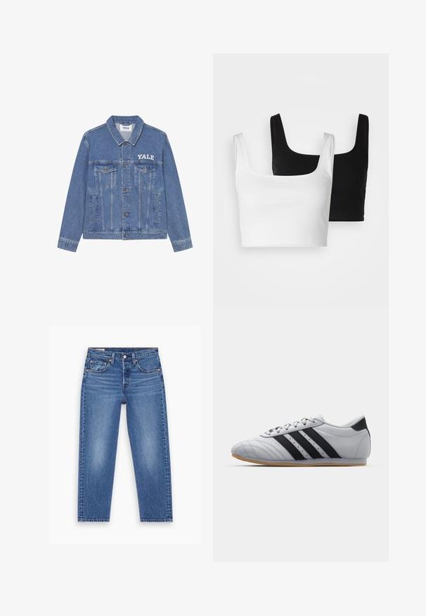 Világoskék farmerdzseki, gallérral, hosszú ujjakkal, két mellzsebbel és fehér Yale logóval a bal oldalon.; Even&Odd 2 PACK - Felső - black/white; Kék, magas derékú, egyenes szárú farmernadrág, elülső gombbal, cipzárral és öt zsebes kialakítással, fehér háttéren, laposan elhelyezve.; Szürke atlétikai cipők sima bőr felülettel, három fekete csíkkal, kerek orral és gumi talppal.