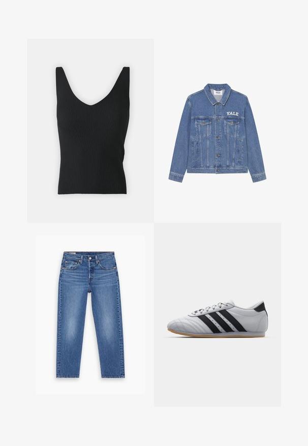 Casaco de ganga azul claro com colarinho, mangas compridas, dois bolsos no peito e um logótipo da Yale em branco no lado esquerdo.; Camisola preta de alças em tecido canelado com um decote em V profundo e alças largas. Textura suave, silhueta ajustada e sem embellishments visíveis.; Jeans azuis de cintura alta e perna reta, com botão frontal, fecho de correr e design de cinco bolsos, exibidos planos sobre um fundo branco.; Ténis de desporto cinzentos com um acabamento em pele lisa, apresentando três riscas pretas, bico arredondado e sola de borracha de alperce.