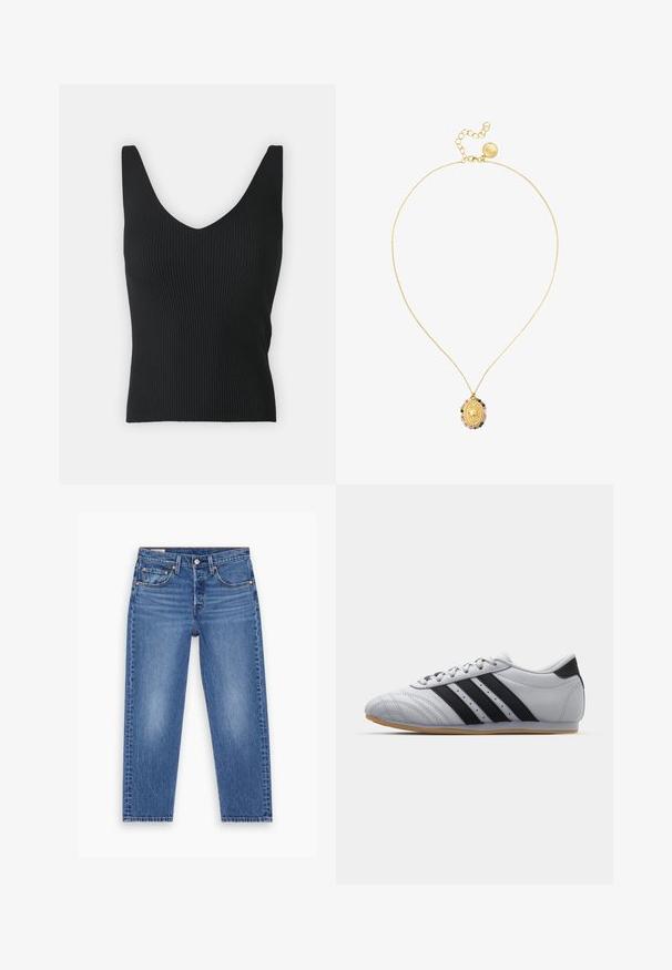 Džínová bunda svetlomodrej farby s golierom, dlhými rukávmi, dvoma vreckami na hrudi a bielym logom Yale na ľavej strane.; Čierny rebrovaný tielko s hlbokým V-výstrihom a širokými ramienkami. Hladká textúra, priliehavý strih a žiadne viditeľné ozdoby.; Modré džínsové nohavice s vysokým pásom a rovnými nohavicami, s predným gombíkom, zipsom a dizajnom s piatimi vreckami, vystavené na bielom pozadí.; Šedé atletické topánky s hladkým koženým povrchom, s tromi čiernymi pruhmi, okrúhlou špičkou a gumovou podrážkou.; Singularu Medallion Stones Sun - Náhrdelník - gold coloured