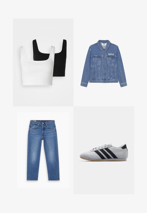 Jachetă din denim de culoare albastru deschis, cu guler, mâneci lungi, două buzunare la piept și un logo Yale alb pe partea stângă.; Even&Odd 2 PACK - Top - black/white; Jeanși albaștri cu talie înaltă, drepți, cu buton frontal, zipper și design cu cinci buzunare, expuși plat pe un fundal alb.; Pantofi sport gri cu un finisaj din piele netedă, având trei dungi negre, vârf rotunjit și o talpă din cauciuc natural.