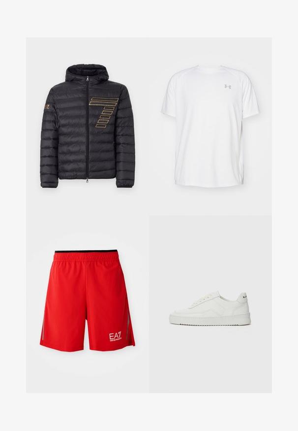 Giacca nera imbottita con cappuccio, dotata di zip frontale, texture trapuntata orizzontale e dettaglio logo a strisce dorate sul lato sinistro.; Maglietta da ginnastica bianca a maniche corte realizzata in tessuto liscio. Presenta un colletto rotondo e un logo grigio sul lato sinistro del petto, con fessure laterali all'orlo.; Pantaloni sportivi rossi con fascia elastica nera in vita, aperture laterali, dettagli riflettenti e logo bianco EA7 Emporio Armani sulla gamba destra.; Sneaker in pelle bianca con una finitura liscia, punta rotonda, lacci piatti e suola testurizzata. Presenta un logo discreto sul tallone.