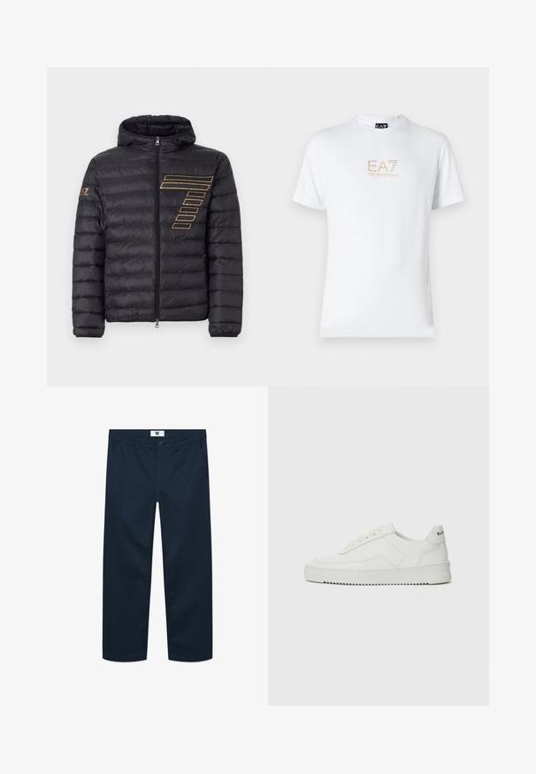 Black padded jacket with a hood, featuring a front zipper, horizontal quilted texture, and gold striped logo detail on the left side.; White cotton t-shirt featuring a round neckline and short sleeves, with a gold EA7 Emporio Armani logo printed on the front.; Navy blue cotton chinos with a straight cut, featuring a front button closure, two side pockets, and minimalist design.; White leather sneaker with a smooth finish, round toe, flat laces, and a textured sole. Features a subtle logo on the heel.