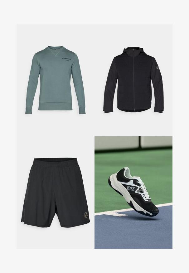 Svart vadderad jacka med full dragkedja, huva och kontrasterande texturerade paneler. Har en logotyp på vänster arm och långa ärmar.; Ljusblågrön sweatshirt, blandning av bomull, rundad halsringning, ribbade ärmslut och fåll, har svart textlogotyp på bröstet, slät textur.; Svarta träningsshorts tillverkade av lättviktsmaterial, med ett elastiskt midjeband och en gyllene cirkulär logo på nedre högra sidan.; Svartvit EA7 Emporio Armani-sneaker svävar ovanför blå och gröna tennisbana linjer.