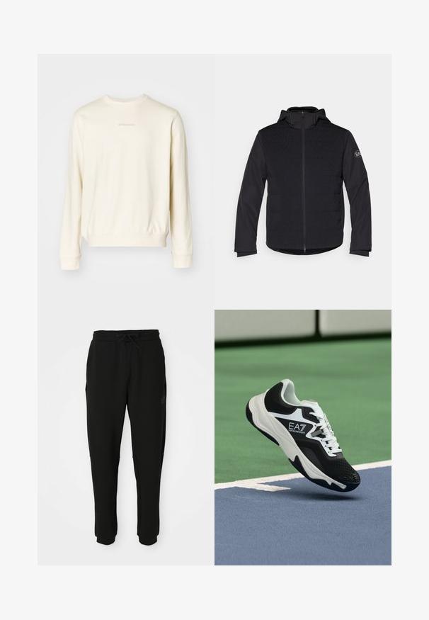Černá zateplená bunda s plným zipem, kapucí a kontrastními texturovanými panely. Obsahuje logo nášivku na levém rukávu a dlouhé rukávy.; Krémová mikina s dlouhými rukávy, kulatým výstřihem a žebrovanými manžetami a lemem. Má minimalistické textové logo na hrudi v jemném odstínu.; Černé zúžené teplákové kalhoty s elastickým pasem a šňůrkou, bočními kapsami a manžetami na kotnících, pohled zepředu.; Černobílá teniska EA7 Emporio Armani zavěšená nad modrými a zelenými čarami tenisového kurtu.