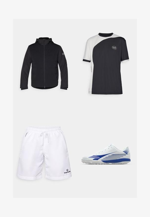 Μαύρο πουπουλένιο μπουφάν με πλήρη φερμουάρ, κουκούλα και αντίθετες υφασμάτινες επενδύσεις. Περιλαμβάνει λογότυπο ραμμένο στον αριστερό βραχίονα και μακριά μανίκια.; T-shirt κοντομάνικο με δίχρωμο σχέδιο σε μαύρο και άσπρο, με λεία υφή και λογότυπο EA7 στο μπροστινό μέρος.; Λευκές αθλητικές βερμούδες με ελαστική μέση και κορδόνι; διαθέτουν πλαϊνές τσέπες και ένα μικρό μαύρο λογότυπο κοντά στο στρίφωμα.; Λευκό αθλητικό παπούτσι με μπλε λεπτομέρειες, υφασμάτινο άνω μέρος με υφή, καμπυλωτό σχέδιο και καουτσούκ σόλα με μοτίβα πρόσφυσης. Κλείσιμο με κορδόνια για ασφαλή εφαρμογή.