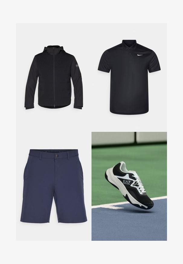 Svart polstret jakke med full glidelås, hette og kontrasterende teksturerte paneler. Har et logo-patch på venstre arm og lange ermer.; Svart polo skjorte laget av glatt stoff, med krage, to knapper, og en liten hvit Nike-logo på venstre bryst.; Marineblå shorts laget av lett materiale, med flat front, beltehemper og en enkelt frontlomme med en ren hem.; Svart-hvitt EA7 Emporio Armani-sneaker hengt opp over blå og grønne tennisbane-linjer.