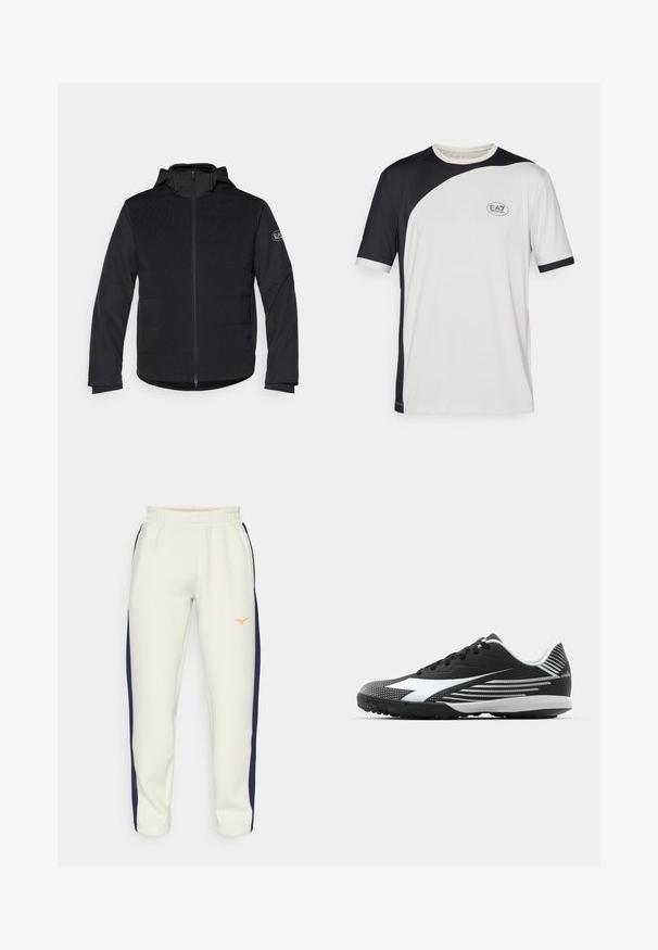Črna podložena jakna s polnim zadrgo, kapuco in kontrastnimi teksturiranimi paneli. Vključuje logotip na levem rokavu in dolge rokave.; Majica s kratkimi rokavi v črno-belem barvnem bloku, izdelana iz lahkega materiala. Vključuje logotip EA7 na prsih.; Svetlo bež trenirke z vrvico v pasu, modrimi stranskimi črtami in oranžnim logotipom na levi stegn; izdelane iz mehke tkanine.; Črne atletske čevlje z teksturiranim prstom, belimi detajli in črtastim vzorcem na strani. Imajo nizko obliko in fleksibilen podplat.