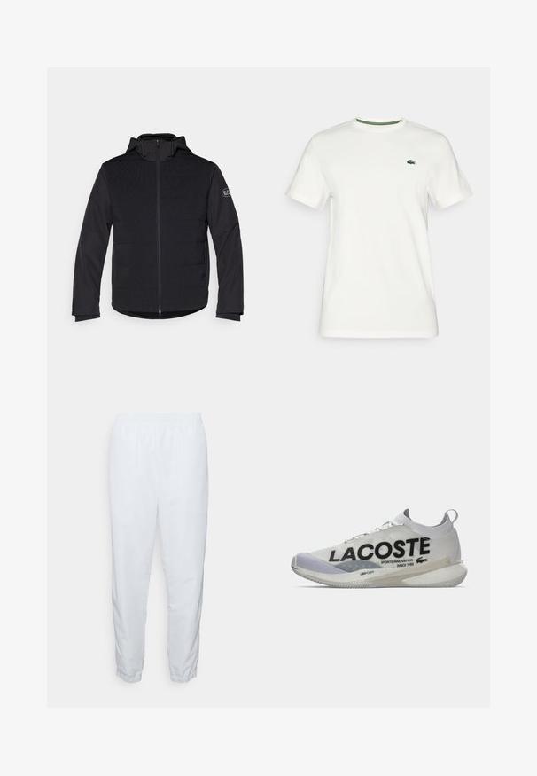 Mustä voodriga jakk, millel on täispikk tõmblukk, kapuuts ja kontrastsed tekstuuripaneelid. Omab vasakul käel logomärki ja pikki varrukaid.; Valge puuvillane T-särk lühikeste varrukatega, millel on roheline aksent krael ja väike roheline logo vasakul rinnal.; Valged, kergekaalulised, elastse vööga püksid kitsaste jalgade ja elastsete mansettidega. Sile tekstuur, nähtamatud mustrid või metallist elemendid.; Lacoste'i tenniset sisaldavad kerget, valget võrkkatet mustade brändingutega, kõverat tallat ja LSRFOAM pehmendust. Heledates hallides aktsentides.