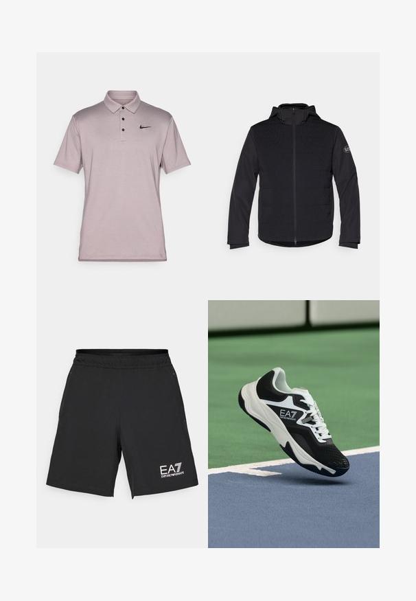 Svart vadderad jacka med full dragkedja, huva och kontrasterande texturerade paneler. Har en logotyp på vänster arm och långa ärmar.; Ljuslila Nike polo skjorta med krage, treknappars placket, korta ärmar och en svart swoosh-logotyp på vänster bröst.; Svarta atletiska shorts i lätt tyg med elastisk midja. Har vit EA7-logga på nedre högra sidan.; Svartvit EA7 Emporio Armani-sneaker svävar ovanför blå och gröna tennisbana linjer.