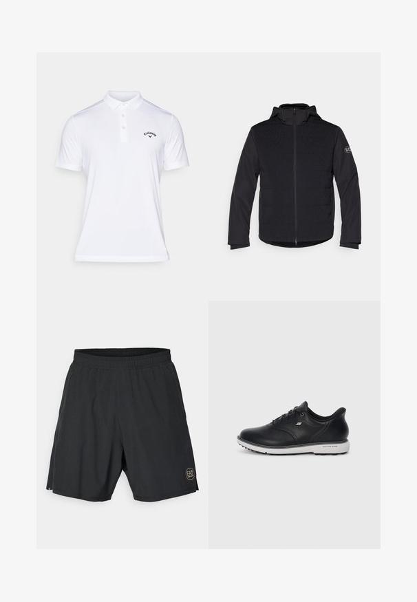 Čierna zateplená bunda so zipsom po celej dĺžke, kapucňou a kontrastnými textúrovanými panelmi. Na ľavom rukáve sa nachádza nášivka s logom a dlhé rukávy.; Callaway TOURNAMENT - Polokošeľa - white; Čierne atletické šortky vyrobené z ľahkého materiálu, s elastickým pásom a zlatým kruhovým logom na dolnej pravej strane.; Čierne kožené tenisky Skechers na šnurovanie s bielou podrážkou, bočným logom a textúrovaným gripom na podrážke na jednoduchom svetlom pozadí.