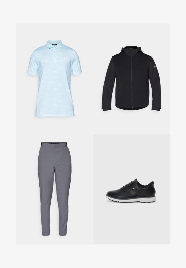 Svart vadderad jacka med full dragkedja, huva och kontrasterande texturerade paneler. Har en logotyp på vänster arm och långa ärmar.; Ljust blå kortärmad polo med krage, med ett subtilt mönster av båtar och palmer. Mjuk tygkvalitet.; Grå, avsmalnande byxor med en slät textur, elastisk midja och sidofickor. Har en liten logotyp på vänster lår.; Svart läder snörad Skechers sneakers med vit sula, sidologotyp och texturerat grepp på sulan mot en enkel ljus bakgrund.