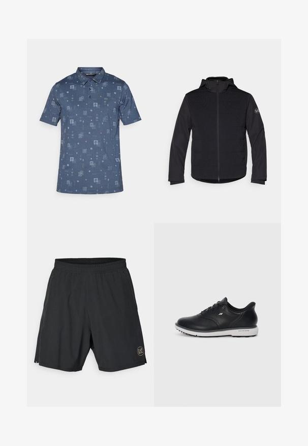 Čierna zateplená bunda so zipsom po celej dĺžke, kapucňou a kontrastnými textúrovanými panelmi. Na ľavom rukáve sa nachádza nášivka s logom a dlhé rukávy.; Poloko s krátkym rukávom v tmavomodrej farbe, s textúrovaným vzorom štvorcov a geometrických tvarov v svetlomodrej a koralových akcentoch.; Čierne atletické šortky vyrobené z ľahkého materiálu, s elastickým pásom a zlatým kruhovým logom na dolnej pravej strane.; Čierne kožené tenisky Skechers na šnurovanie s bielou podrážkou, bočným logom a textúrovaným gripom na podrážke na jednoduchom svetlom pozadí.