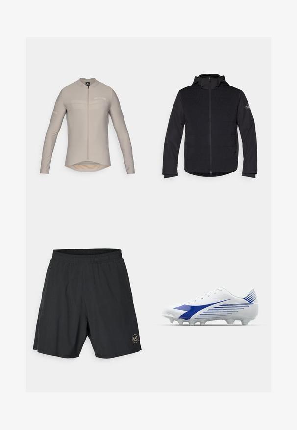 Veste rembourrée noire avec une fermeture éclair intégrale, une capuche et des panneaux texturés contrastants. Elle comporte un patch logo sur le bras gauche et des manches longues.; Maillot de cyclisme beige clair à manches longues avec un col haut, fermeture éclair avant et un logo discret. Il présente une chute à l'arrière et une texture de tissu lisse.; Shorts de sport noirs en tissu léger, avec une taille élastique et un logo circulaire doré dans le coin inférieur droit.; Crampon de football blanche avec des accents bleus, présentant un dessus texturé, un bout rond et des rayures diagonales contrastantes sur le côté.