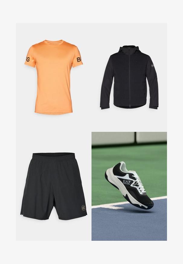 Casaco acolchoado preto com fecho de correr completo, capuz e painéis texturizados em contraste. Apresenta um emblema no braço esquerdo e mangas longas.; T-shirt de manga curta em laranja claro, textura suave, com gola redonda, apresentando letras pretas "BFG" na manga esquerda.; Calções atléticos pretos feitos de um tecido leve, com uma cintura elástica e um logótipo circular dourado na parte inferior direita.; Ténis EA7 Emporio Armani a preto e branco suspenso acima das linhas azuis e verdes de um tribunal de ténis.
