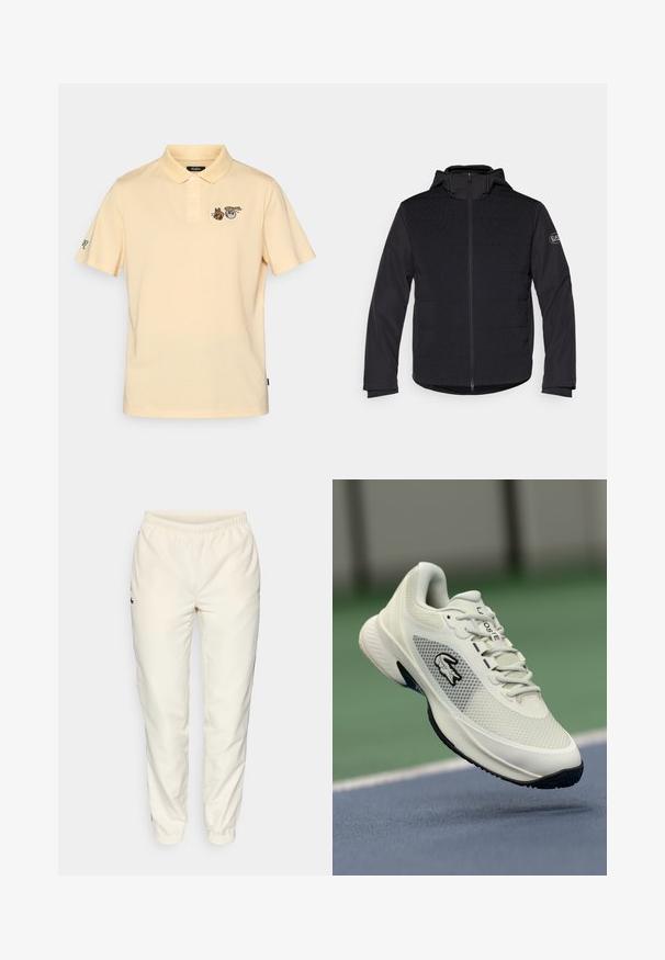 Černá zateplená bunda s plným zipem, kapucí a kontrastními texturovanými panely. Obsahuje logo nášivku na levém rukávu a dlouhé rukávy.; Světle žluté polo tričko s krátkými rukávy, s tříknoflíkovou légou a vyšitými zvířecími grafikami na hrudi a rukávu.; Krémové sportovní kalhoty s elastickým pasem, zúženými nohavicemi a malým tmavě zeleným logem na levé straně. Hladký, lehký materiál.; Bílé sportovní tenisky s síťovinovým svrškem, černými akcenty, strukturovanou podrážkou a výrazným logem na boku, vystavené na pozadí hřiště.