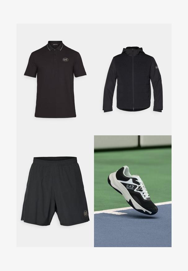 Casaco acolchoado preto com fecho de correr completo, capuz e painéis texturizados em contraste. Apresenta um emblema no braço esquerdo e mangas longas.; Camisa polo preta confeccionada em algodão, com colarinho clássico, mangas curtas, pala com três botões e logótipo EA7 em cor contrastante.; Calções atléticos pretos feitos de um tecido leve, com uma cintura elástica e um logótipo circular dourado na parte inferior direita.; Ténis EA7 Emporio Armani a preto e branco suspenso acima das linhas azuis e verdes de um tribunal de ténis.