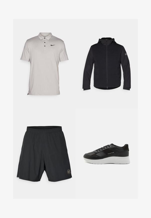 Svart vadderad jacka med full dragkedja, huva och kontrasterande texturerade paneler. Har en logotyp på vänster arm och långa ärmar.; Ljust grå kortärmad Nike pikétröja med krage, tre knappar och en svart Nike swoosh-logotyp på vänster bröst.; Svarta träningsshorts tillverkade av lättviktsmaterial, med ett elastiskt midjeband och en gyllene cirkulär logo på nedre högra sidan.; Svarta lädersneakers med suedekanter, rund tå, vit gummisula och stickade detaljer. Logotyp tryckt på sidan. Klassisk snörningsdesign.