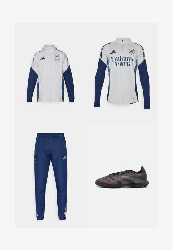 Chaqueta de chándal blanca con detalles en azul marino, que cuenta con cremallera completa, capucha y detalles del logo. Fabricada con un material ligero y resistente al agua.; Jersey blanca de manga larga con detalles en azul marino, cuello con media cremallera, que presenta el logo "Emirates Fly Better" y el escudo del club Arsenal.; Pantalones jogger de color navy hechos de un tejido ligero, con un acento azul, parche del logo y tres franjas blancas a lo largo de las piernas.; Botas de fútbol negras con acentos rojos, parte superior sintética texturizada, cierre de cordones y tacos de goma para tracción. Presenta un diseño elegante y aerodinámico.