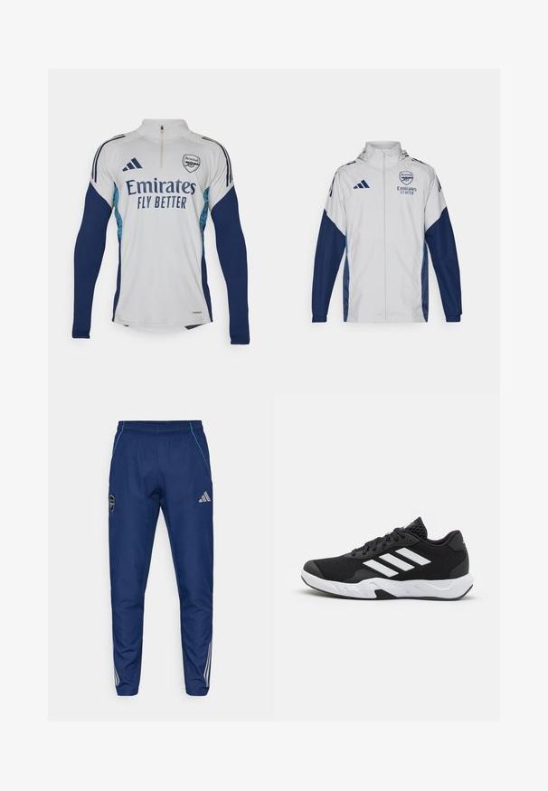 Hvit treningsjakke med marineblå detaljer, med hel glidelås, hette og logo detaljer. Laget av lett, vannavvisende materiale.; Hvit langermet jersey med marineblå detaljer, halv-glidelås på halsen, med "Emirates Fly Better" logo og Arsenal klubbmerke.; Marine joggebukser laget av lett stoff, med blå aksent, logo-lapp og tre hvite striper langs underbena.; Sorte joggesko med teksturert mesh-overdel, hvite aksentstriper, en polstret såle og en forsterket hæl for støtte.