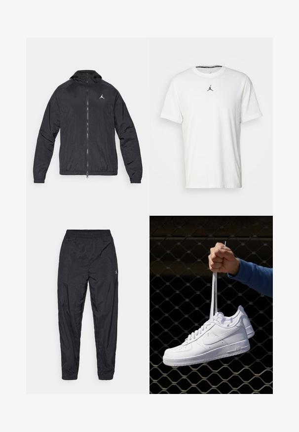 Sort vindjakke, let materiale, lynlåslukning foran, hætte, elastiske manchetter, subtil tekstureret overflade, med et lille hvidt logo på brystet.; Hvid kortærmet T-shirt lavet af bomuld, med et sort Jumpman-logo på brystet og en rund halsudskæring med et sort indvendigt mærke.; Sorte træningsbukser lavet af letvægtsstof. Har en elastisk talje og en lille logodetalje på siden. Taperet bendesign.; Hvide lædersneakers med perforeringer, rund tå, flad sål og tykke snørebånd, med et synligt swoosh-logo og "AIR" på hælen.