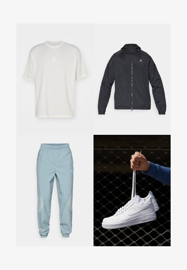 Fekete széldzseki, könnyű anyagból, cipzáras elülső résszel, kapucnival, elasztikus mandzsettákkal, finom textúrával a felületén, melyen egy kis fehér logó található a mellrészen.; Fehér, pamut póló kerek nyakkivágással, rövid ujjakkal és középen egy kis hímzett logóval. Laza szabású dizájn, minimális varrással.; Világoskék sportos jogger nadrág elasztikus derékkal, oldalsó zsebekkel és fényvisszaverő pöttyös díszítéssel az alsó lábrészen.; Fehér bőr sportcipők perforációval, kerek orral, lapos talppal és vastag fűzőkkel, látható swoosh logóval és "AIR" felirattal a sarokrészen.