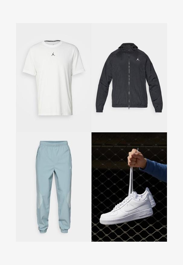 Chaqueta cortavientos negra, material ligero, cierre frontal con cremallera, capucha, puños elásticos, superficie texturizada sutil, con un pequeño logotipo blanco en el pecho.; Camiseta blanca de manga corta hecha de algodón, con un logo Jumpman negro en el pecho y un cuello redondo con una etiqueta interior negra.; Pantalones deportivos de color azul claro con cintura elástica, bolsillos laterales y acentos reflectantes en los lados inferiores.; Zapatillas de cuero blanco con perforaciones, punta redonda, suela plana y cordones gruesos, con un logo de swoosh visible y "AIR" en el talón.