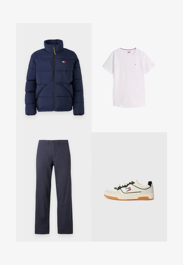 Giubbotto imbottito blu navy con colletto alto, chiusura frontale con zip e due tasche laterali. Presenta un piccolo logo sul petto e un accento giallo sulla zip.; T-shirt bianca a maniche corte con scollo a girocollo, piccolo logo Tommy Hilfiger sul petto e rifinitura interna del colletto nei colori rosso, bianco e blu.; Pantaloni dritti blu scuro realizzati in un tessuto misto cotone. Presentano una chiusura frontale con bottone, passanti per cintura e due tasche laterali.; Sneakers bianchi e neri con punta perforata, suola in gomma e patch con logo caratterizzato da strisce rosse, blu e bianche sul lato.