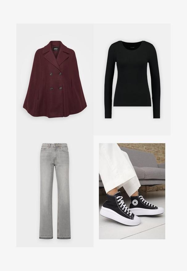 Capa em mistura de lã bordeaux com um design de duplo botão, gola com recorte, grandes botões pretos e dois bolsos laterais.; Camisa preta de manga longa feita de tecido canelado. Apresenta um decote redondo e um corte justo. Design simples sem padrões ou detalhes.; Jeans de ganga cinza com corte reto, design de cinco bolsos e detalhes de costura contrastantes. Textura lisa e cintura média.; Ténis de cano alto em lona preta com solas e atacadores brancos. Apresenta um logo circular na lateral e costura branca em contraste.