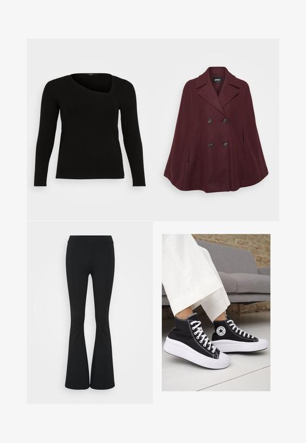 Burgundy wool blend cape with a double-breasted design, notched collar, large black buttons, and two side pockets.; Black long-sleeve top made of ribbed material with an asymmetrical neckline and fitted design. Smooth texture with a slim silhouette.; Black flared pants made of stretchy fabric, featuring a high waistband and a smooth texture. The pants flare out from the knee.; Black canvas high-top sneakers with white rubber soles and laces. Features a circular logo on the side and contrasting white stitching.