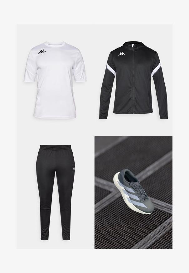 Kappa Giacca sportiva - black/white; Maglietta sportiva bianca a maniche corte con colletto girocollo e logo Kappa nero sulla spalla destra.; Pantaloni sportivi neri realizzati in tessuto liscio e elasticizzato, dotati di una cintura elastica e di un logo bianco sul lato sinistro della coscia.; Scarpa sportiva grigia e bianca, realizzata in materiale sintetico, con un design aerodinamico, finitura testurizzata e sistema di allacciatura prominente.