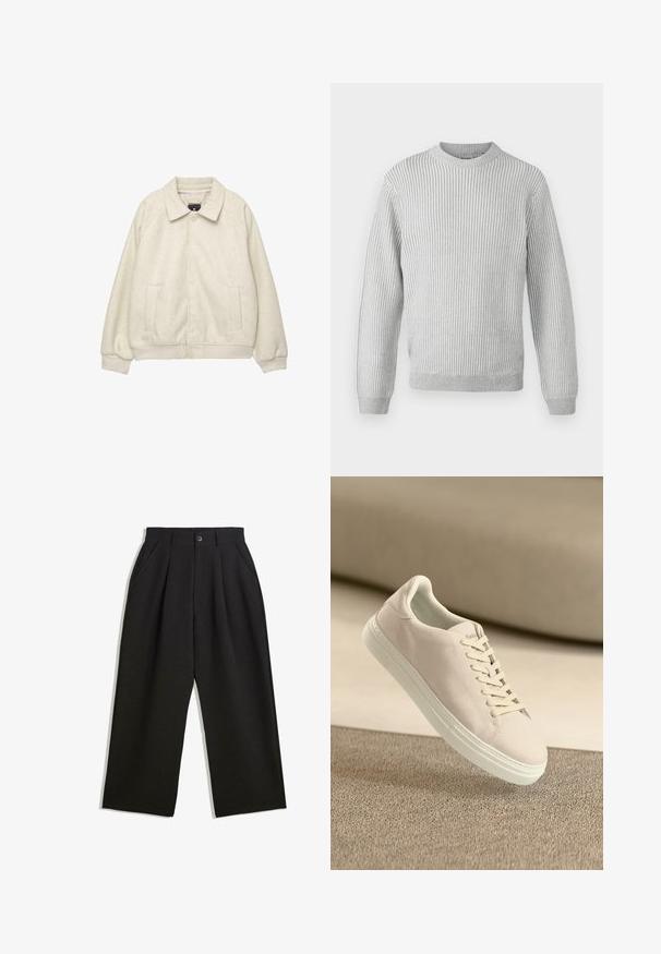 Světle šedá bunda z vlněné směsi s límcem, zapínáním na knoflíky vpředu, dvěma bočními kapsami a žebrovanými manžetami na spodním lemu. Měkká textura, pohodlný střih.; Světle šedý žebrovaný svetr s kulatým výstřihem, dlouhými rukávy a rovním lemem. Vyrobeno z měkké, texturované látky.; Černé kalhoty s uvolněným střihem, s průhyby v přední části, bočními kapsami a zapínáním na knoflík. Vyrobené z texturované látky.; Beige semi-anilínové tenisky s bílou podrážkou a tkaničkami, zobrazené nad texturovaným béžovým kobercem na pozadí s jemným béžovým odstínem.