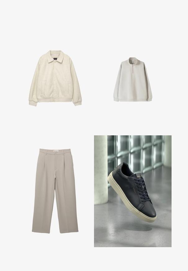 Světle šedá bunda z vlněné směsi s límcem, zapínáním na knoflíky vpředu, dvěma bočními kapsami a žebrovanými manžetami na spodním lemu. Měkká textura, pohodlný střih.; Světlý šedý pletený svetr s vysokým límcem, předním zipem do poloviny a elastickými manžetami. Měkká tkanina a volnější střih.; PULL&BEAR DARTED - Kalhoty - taupe; Námořnické kožené tenisky s kulatou špičkou, plochými tkaničkami a texturovanou podrážkou; na jazyku se nachází logo, které kontrastuje s krémovou podešví.