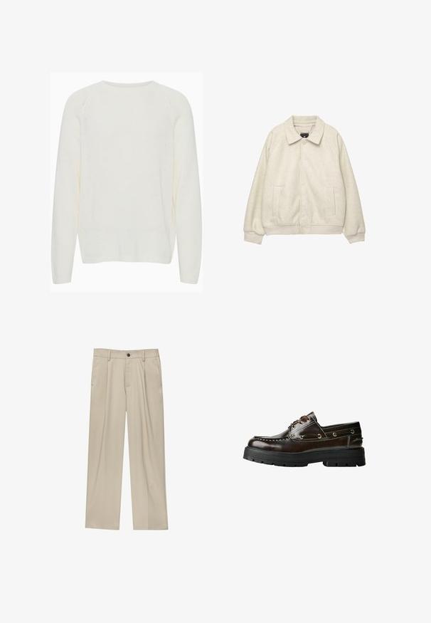 Vaaleanharmaa villasekoite takki, jossa on kaulus, etunapit, kaksi sivutaskua ja ribbireunukset helmassa. Pehmeä pinta, rento mitoitus.; Valkoinen neulepaita, jossa on pyöreä kaula-aukko, pitkät raglan-hihat, resorit hihansuissa ja hieman löysä mitoitus. Tekstuurin vaikuttaa pehmeältä ja kevyeltä.; Beige-housut suoran leikkauksen omaavina, joissa on yksi musta nappi, vyölenkit ja sivutaskut. Sileä kangas ja minimalisti muotoilu.; Ruskea nahkainen venehepo, jossa on kumipohja, ompelu yksityiskohtia, metalliset rei'itykset ja nauhoitussuunnittelu. Raskas, mutta kevyt rakenne.