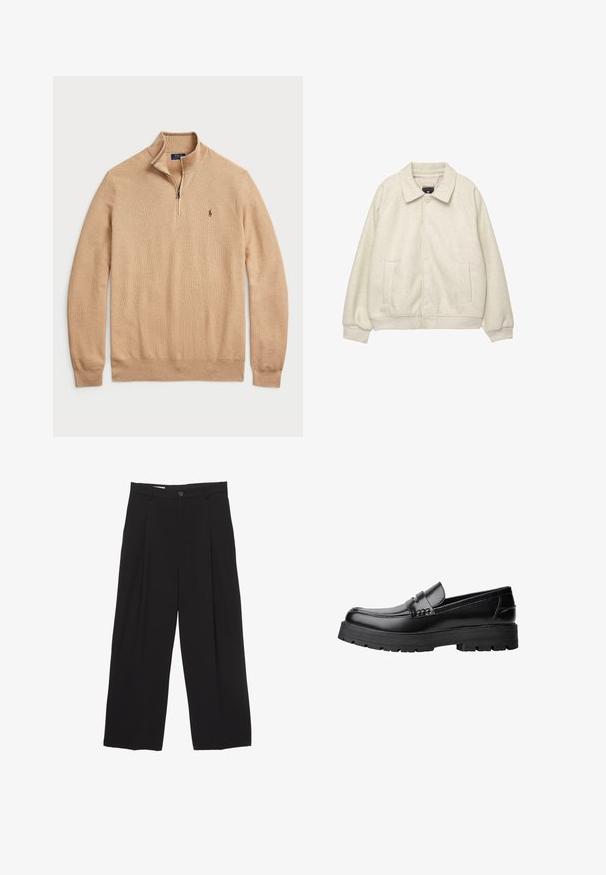Jasnoszara kurtka z mieszanki wełny z kołnierzem, zapięcie na guziki z przodu, dwie boczne kieszenie i prążkowane mankiety u dołu. Miękka faktura, luźny krój.; Beżowy sweter z zamkiem na szyi, wykonany z fakturowanej dzianiny z prążkowanymi mankietami i dołem; posiada małe logo na klatce piersiowej.; Czarne spodnie o szerokich nogawkach, wykonane z gładkiego materiału, z płaskim pasem, plisami z przodu oraz pojedynczym zapięciem na guzik.; Czarne skórzane mokasyny z grubą, bieżnikowaną podeszwą i dekoracyjnym paskiem na górze, pokazane w lewym profilu na białym tle.
