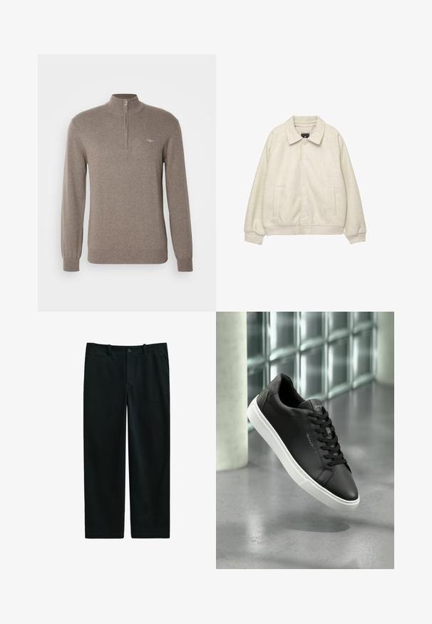 Hellgraue Wollmischung Jacke mit Kragen, vorderem Knopfverschluss, zwei seitlichen Taschen und gerippten Bündchen am Saum. Weiche Textur, lockere Passform.; GANT HALF ZIP - Strickpullover - dark hazelnut melange; Schwarze Hose aus glattem Stoff, taillierte Passform, mit Knopfverschluss, Gürtelschlaufen und seitlichen Taschen; gerade Beinform.; Schwarze Ledersneaker mit weißer Gummisohle, runden Zehen und Schnürung. Verfügt über eine glatte Textur und dezente Markenkennzeichnung auf der Zunge.