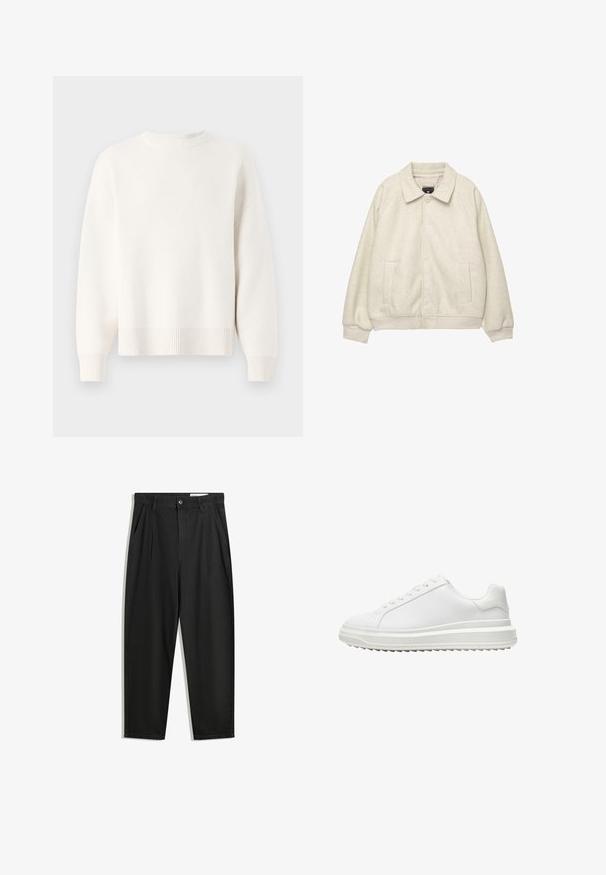 Jasnoszara kurtka z mieszanki wełny z kołnierzem, zapięcie na guziki z przodu, dwie boczne kieszenie i prążkowane mankiety u dołu. Miękka faktura, luźny krój.; Biała dzianinowa sweter z okrągłym dekoltem, opadłymi ramionami i ściągaczem na dole. Miękka tekstura i luźny krój.; Czarne bawełniane spodnie o luźnym kroju, z klasycznym pasem, przednimi plisy oraz bocznymi kieszeniami. Gładka struktura, bez wzorów.; Białe sneakersy z gładką syntetyczną cholewką, okrągłym noskiem, płaskimi sznurowadłami, teksturowana podeszwa oraz warstwowym, platformowym designem dla dodatkowej wysokości.