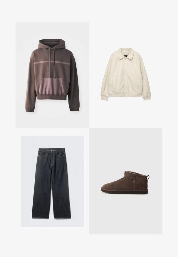 Lichtgrijze wollen blendjas met een kraag, sluiting met knopen aan de voorkant, twee zijzakken en ribbelmanchetten aan de onderkant. Zacht textuur, ontspannen pasvorm.; Korte mouwen, oversized hoodie in donkerbruin met een gradient lichtbruin streep, voorzak en een trekkoord kap. Zachte katoenen stofmix.; Donkerdenim wijd uitlopende jeans met een hoge taille, voorzien van koperkleurige klinknagels en contraststiksels, een gladde textuur en geen zichtbare patronen.; Bruine suède enkelboot met een zachte binnenvoering, platte zool en lipje aan de hiel, weergegeven in zijaanzicht op een effen achtergrond.