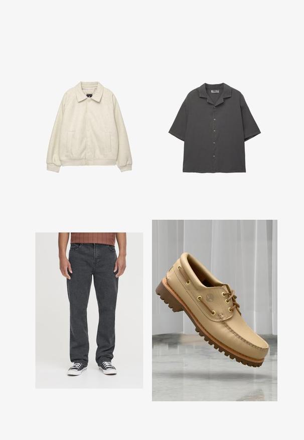 Jasnoszara kurtka z mieszanki wełny z kołnierzem, zapięcie na guziki z przodu, dwie boczne kieszenie i prążkowane mankiety u dołu. Miękka faktura, luźny krój.; Koszula z krótkim rękawem, zapinana na guziki, w ciemnoszarym materiale. Posiada kołnierz typu camp, prosty krój i subtelną teksturę. Pięć guzików z przodu.; Czarne dżinsy o prostym kroju, z kieszeniami z przodu, zamkiem błyskawicznym oraz subtelną fakturą. Noszone z czarno-białymi trampkami.; Jasnobrązowy skórzany but żeglarski z grubą, żebrowaną podeszwą i detalami w postaci sznurówki, unosi się nad marmurową podłogą i białymi pionowymi żaluzjami w tle.
